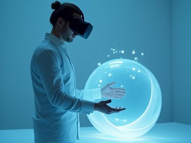 Eine Person trägt ein VR-Headset und interagiert in einer virtuellen Umgebung mit einem schwebenden, transparenten Glasobjekt.